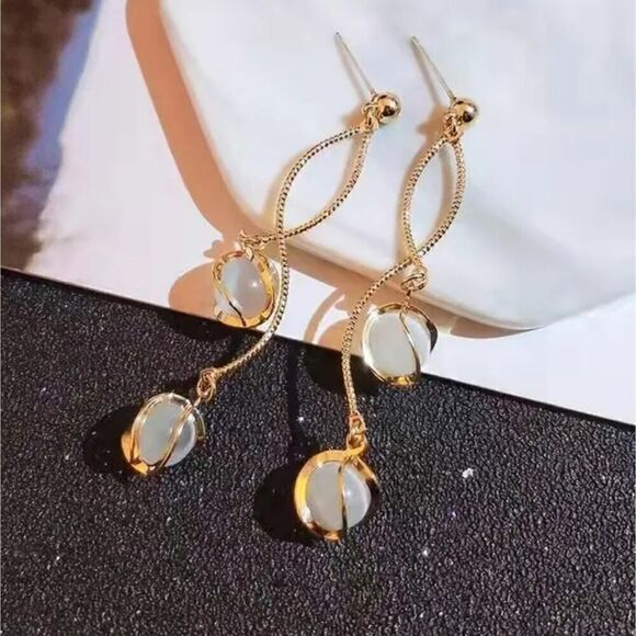 Elegant Long Tassel Opal Design Earrings Stainless Steel Drop FashionLook Silver - Picture 6 of 12